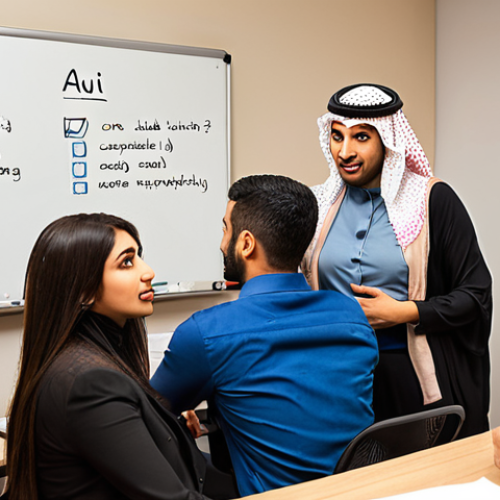 Home 11 **Image Prompt:** A diverse group of Arab professionals collaborating in a modern office setting. Emphasis on active listening - one person speaking animatedly while others listen attentively, nodding, and making eye contact. Include visual cues of respect and empathy. Warm lighting, comfortable setting, and a whiteboard with collaborative ideas.