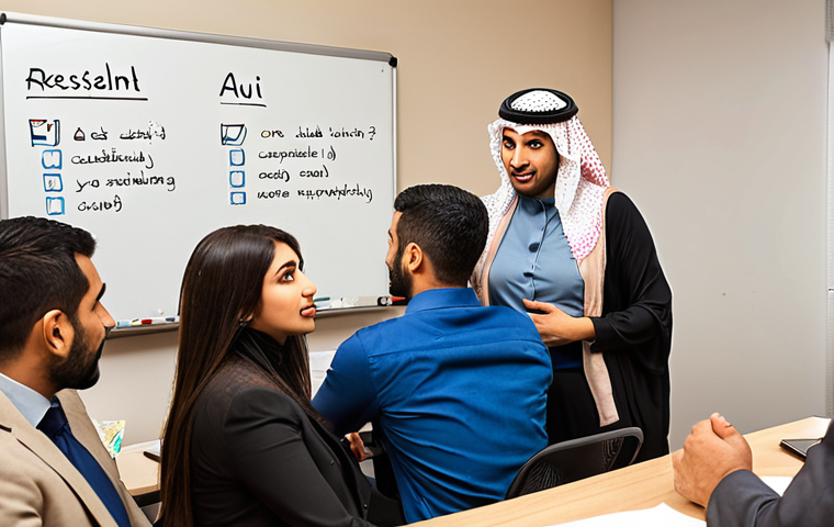 **Image Prompt:** A diverse group of Arab professionals collaborating in a modern office setting. Emphasis on active listening - one person speaking animatedly while others listen attentively, nodding, and making eye contact. Include visual cues of respect and empathy. Warm lighting, comfortable setting, and a whiteboard with collaborative ideas.