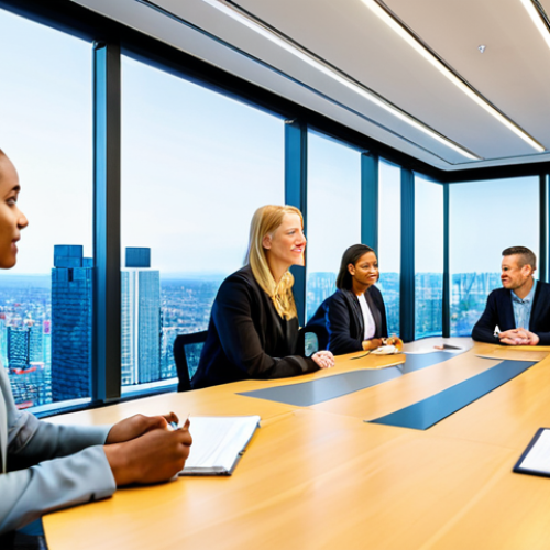 Home 6 A diverse group of professional adults, including a male and female leader, engaged in an open and transparent team meeting. They are seated around a sleek, modern conference table in a brightly lit office with large windows overlooking a city skyline. The leader is actively listening to a team member who is speaking, demonstrating empathy and trust. All individuals are fully clothed in modest, professional business attire. The atmosphere is collaborative and respectful, emphasizing open communication and psychological safety. Perfect anatomy, correct proportions, natural poses, well-formed hands, proper finger count. Professional photography, high quality, safe for work, appropriate content, fully clothed, family-friendly.