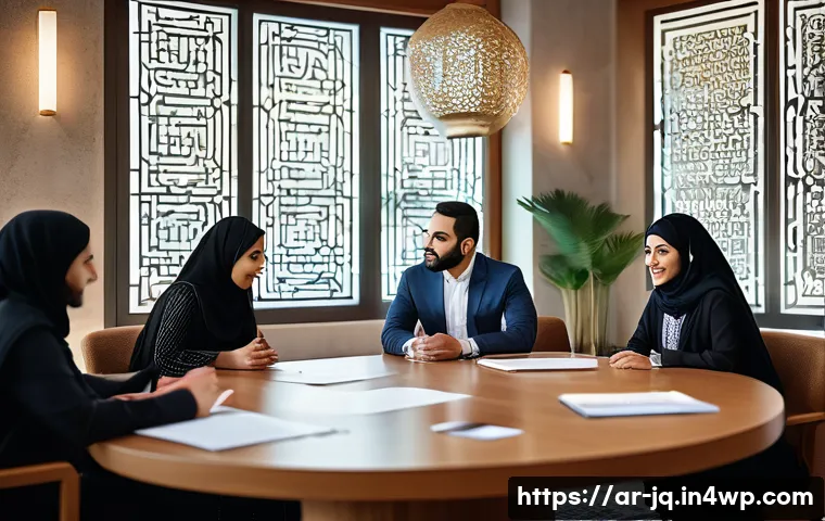 심리적 안전감을 조성하는 직장 내 안전망 구축 - A modern Middle Eastern office environment showing a diverse group of Arab professionals engaged in ...